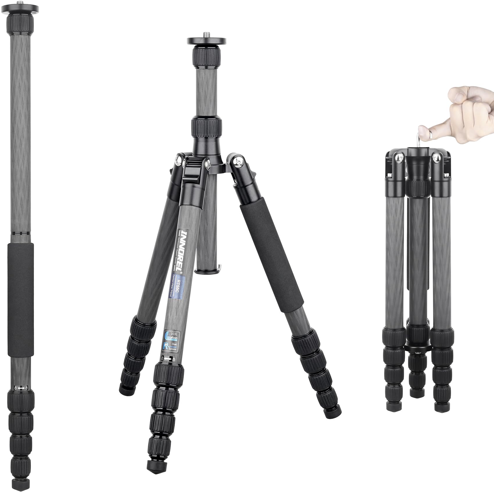 Portable Carbon Fiber Tripod-INNOREL RT55C-Professional Travel Tripod Monopod for DSLR camera Video, Max Height 59in/150cm, Max Load 26lb/12kg