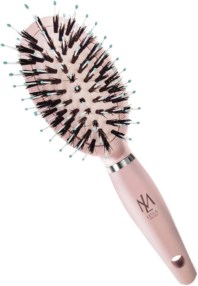 Leyla Milani Small Pink Hair Brush - Mini Miracle Brush Human Hair Detangler Travel Brushes for Sensitive Scalp, Detangling, Volumizing, Nylon Boar Bristle, Best Paddle Brush for Women, Kids
