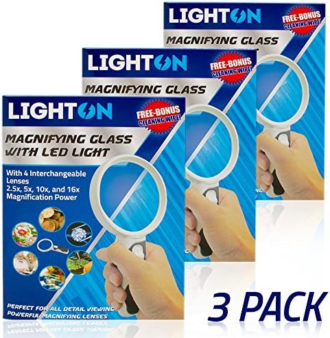 LED Magnifying Glass with Light by LightOn With 4 Interchangeable Lenses 2.5x 5x 10x &amp; 16x Magnification Power Perfect for Maps Detailed Repair Senior Reading Jewelry Flowers &amp; Insects Coins and More!
