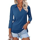 TICTICMISS Womens V Neck Polo Shirts 3/4 Sleeve Collared Tops Business Casual Summer Tops Trendy Loose