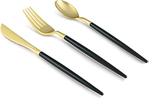 Bestluck 150 PCS Black Gold Plastic Utensils for 50 Guests, Gold Disposable Silverware with 50 Knives, 50 Spoons and 50 Forks, BPA Free, Ideal for Weddings, Birthdays & Party