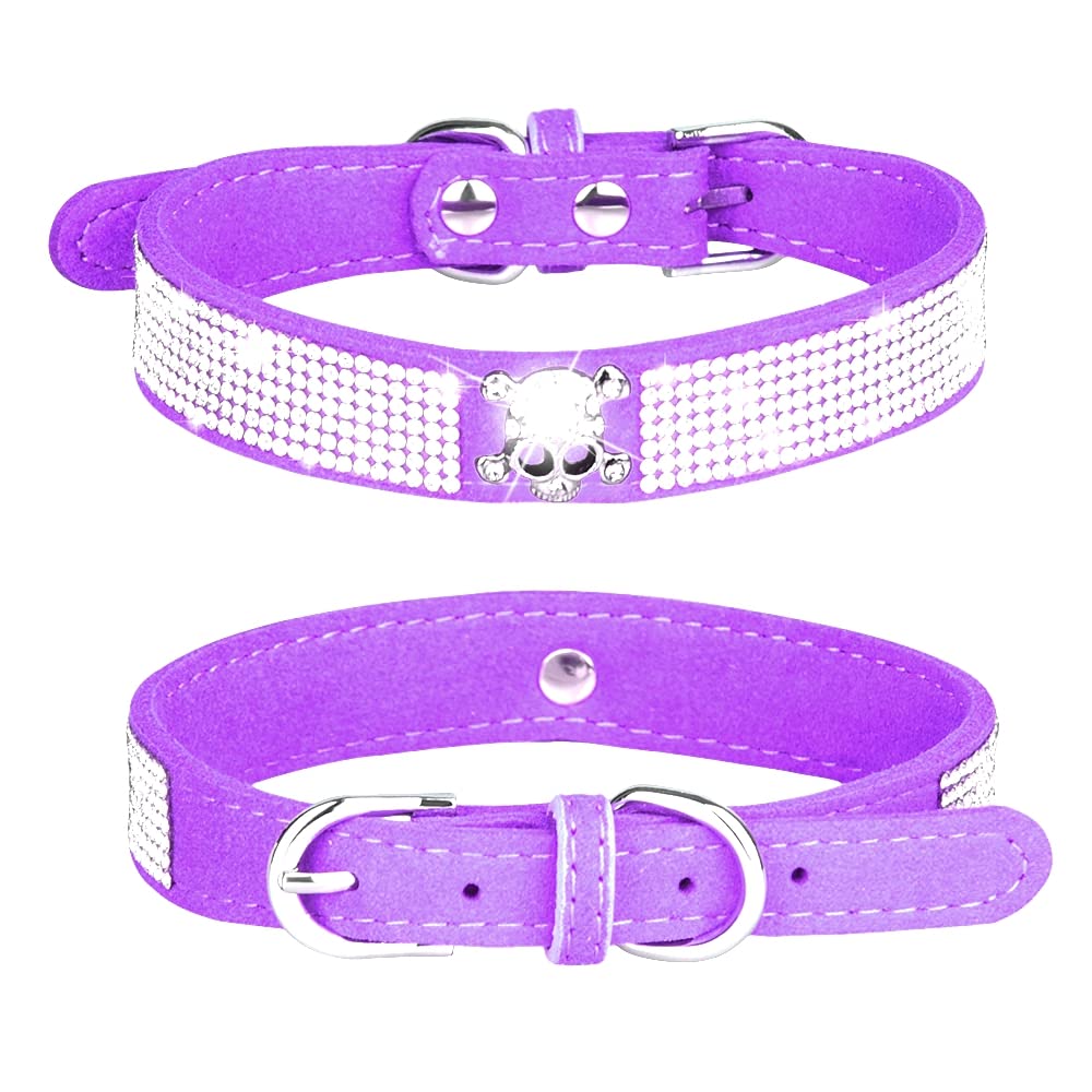 Haoyueer Rhinestone Dog Collar, Cute Dazzling Sparkling Soft Suede Leather Dog Cat Rhinestone Collar Crystal Diamond Pet Dog Puppy Collar (M, Purple-5)