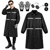 Honic 6 Pcs Halloween Costume Accessories Set for Adults | Include Black Long Coat Round Glasses Skeleton Gloves and Decorative Buttons, Funny Dress Up Outfit for Halloween Party
