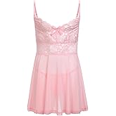 ABAFIP Men's Sissy Lingerie Crossdressing Nightwear Sheer Lace Mesh Nightdress Ruffle V-Neck Nightgown