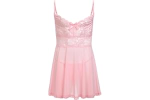 ABAFIP Men's Sissy Lingerie Crossdressing Nightwear Sheer Lace Mesh Nightdress Ruffle V-Neck Nightgown