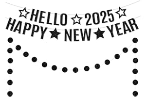 GERMISHUYS Glitter Black Happy New Year Banner 2025, No DIY | Happy New Year Garland | Black New Years Decorations 2025 | Black New Years Eve Party Supplies 2025