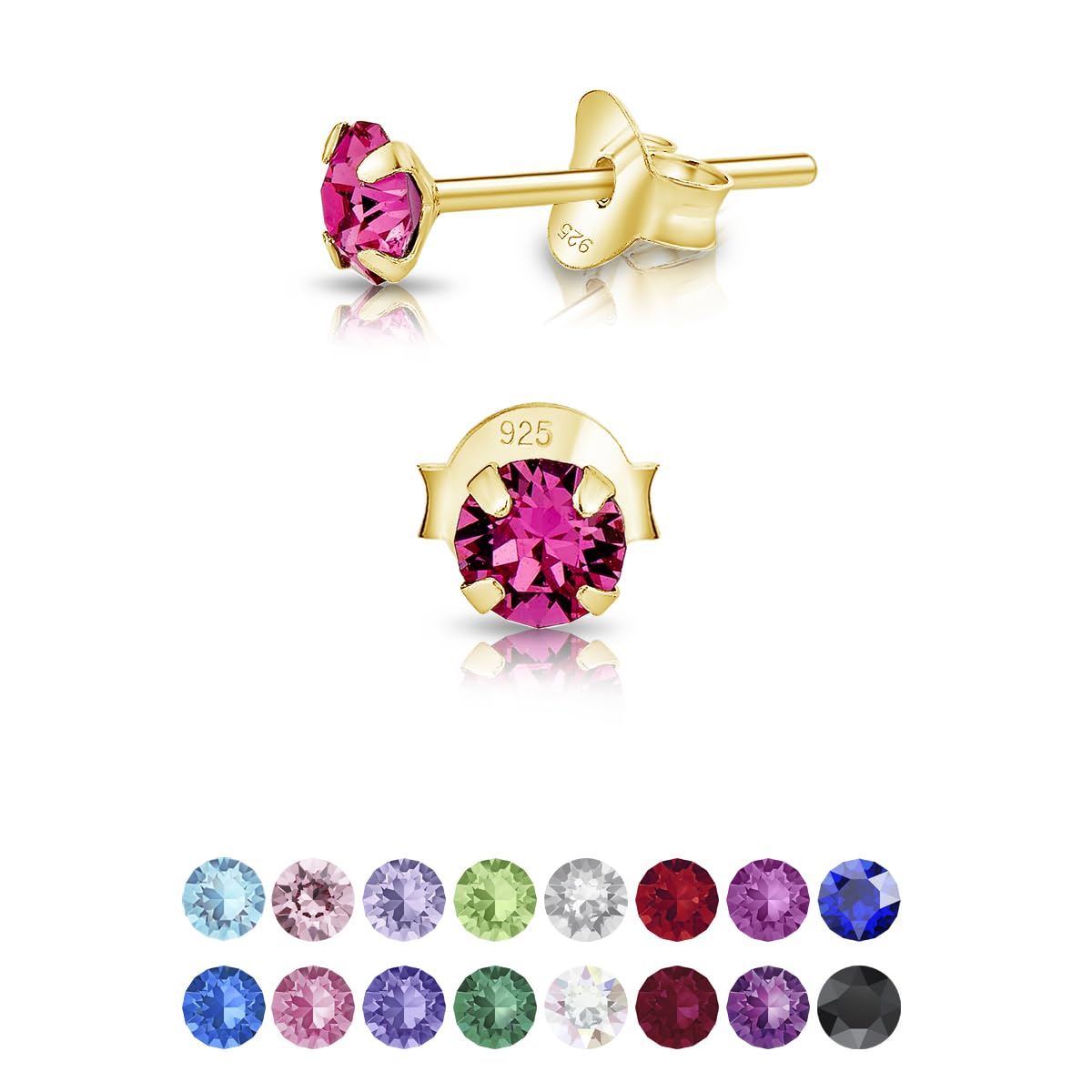 Silver Stud Earrings - Gold Plated, Pink - Small, Colourful for Women & Girls