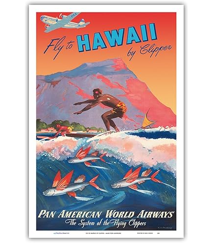 Hawaiian Air アートマップ ビンテージポスター Amazon.com: Fly Hawaiian Air - Hawaii Women on the Beach