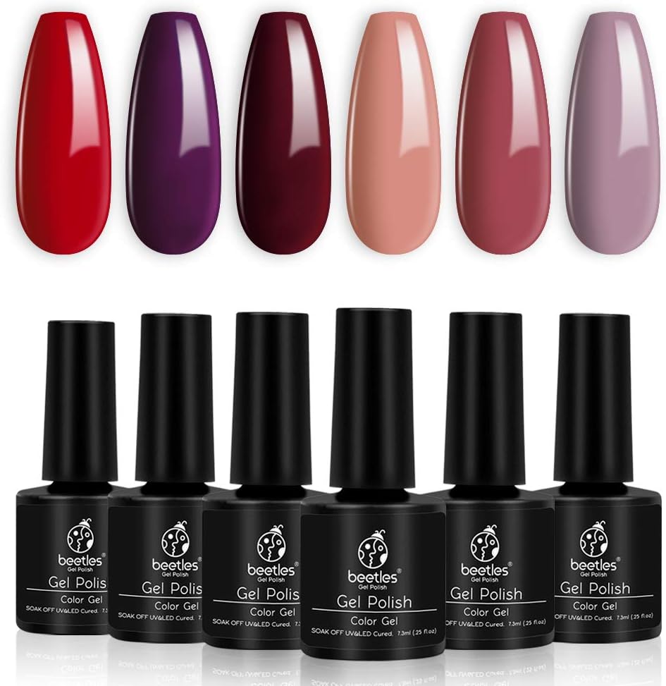 Beetles Burgundy Red Gel Nail Polish Set - 6 Bottles Purple Lilac Sangria Nail Gel Polish Kit for Fall Autumn Glamour, Soak Off U V Light LED Nail Lamp Gel Nail Kit for Home DIY Manicure Nail Designs: Health & Personal Care