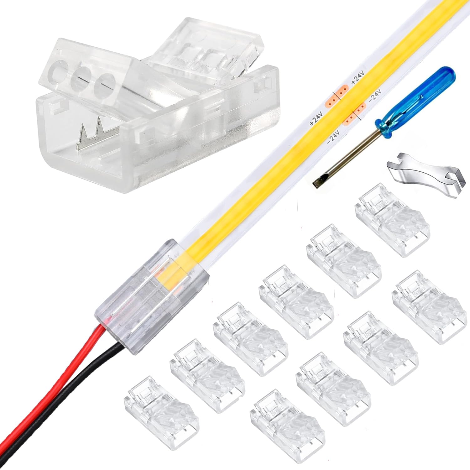 YUTOKEER 2-pole 8 mm COB LED connection set – 10 pieces, without soldering, with screwdriver and opening tool