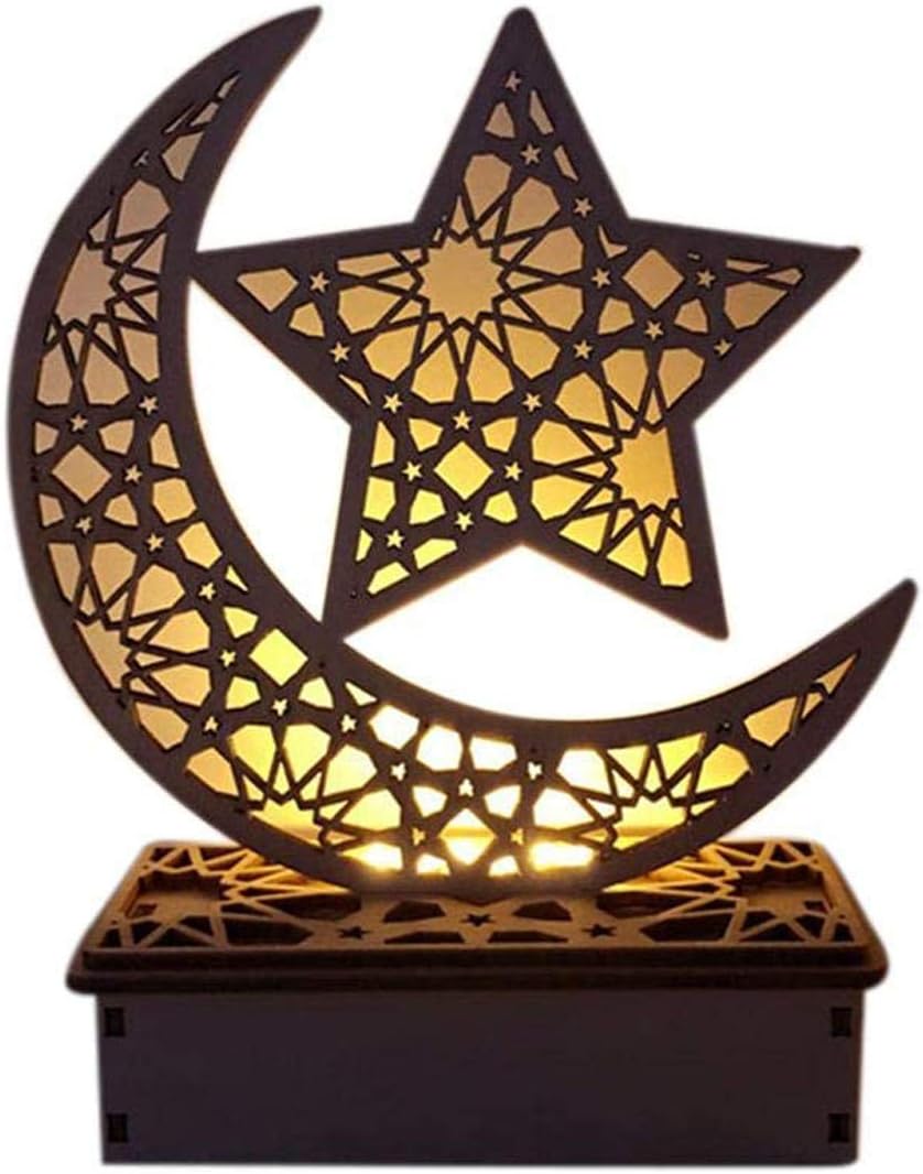 jumpjisper Muslim Home Party Decor Wooden Lantern LED DIY Lamp Festival Palace Decorative Light Night Lamp for Muslim Islam Eid Mubarak Ramadan Lovely (Pentagram, Moon Five-Pointed Star)