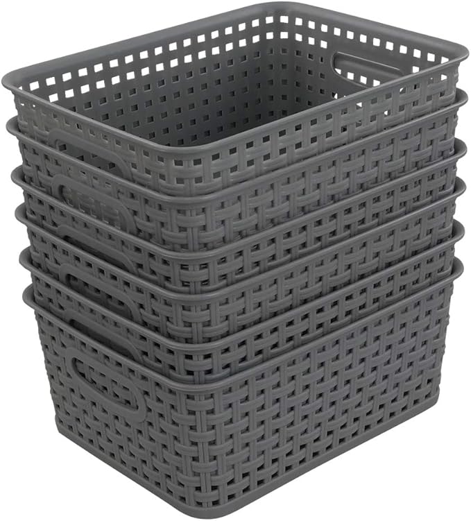 Sandmovie Grey Plastic Rattan Storage Baskets, 6 Packs