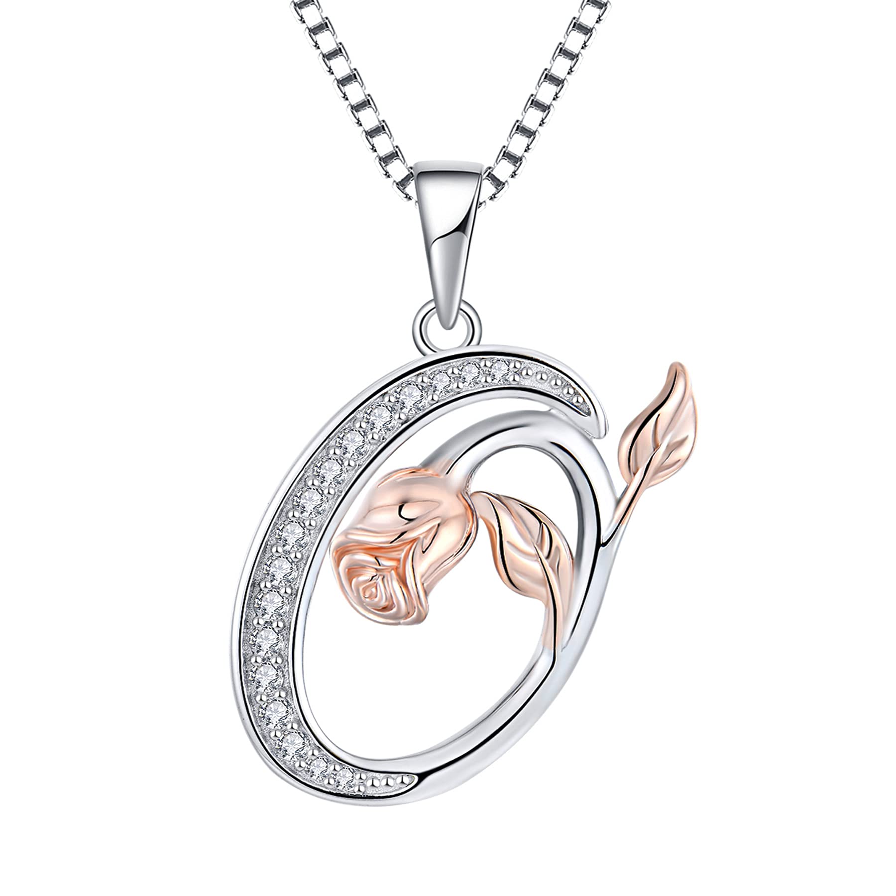 starchenie Alphabet Rose necklace Letter O Necklace Zirconia Pendant 925 Sterling Silver Necklace for Women