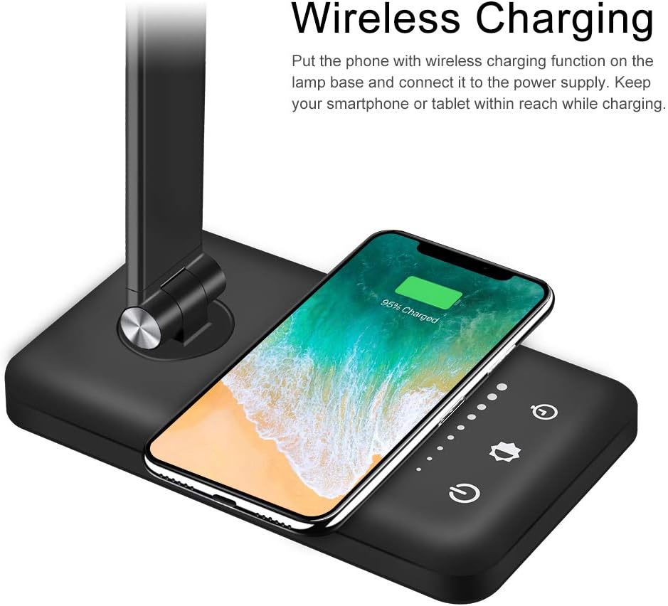 Multifunctional LED Desk Lamp with Wireless Charger, USB Charging Port, 5 Lighting Modes, 5 Brightness Levels, Sensitive Control, 30/60 min Auto Timer, Eye-Caring Office Lamp with Adapter - - 