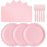 Tyzarglef 105PCS Paper Plates and Napkins Set,7 Inch Scalloped Disposable Tableware with Forks for Birthdays, Garden Parties & Outdoor Events,Serves 35 (Light Pink)