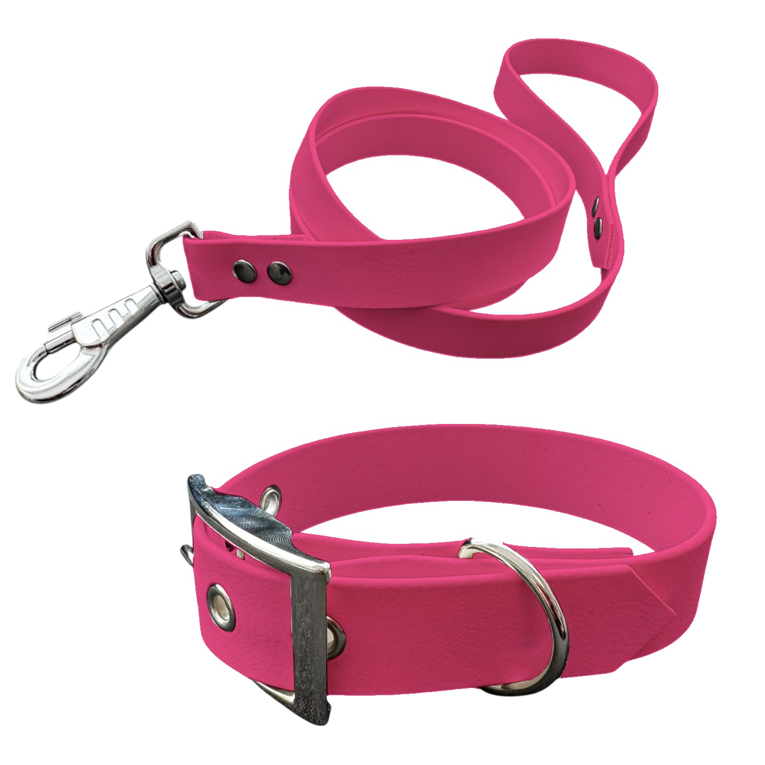 L'Atelier du Fourmilier Dog Collar and Leash in BioThane material, Medium Width (40-45 cm, Fuchsia)
