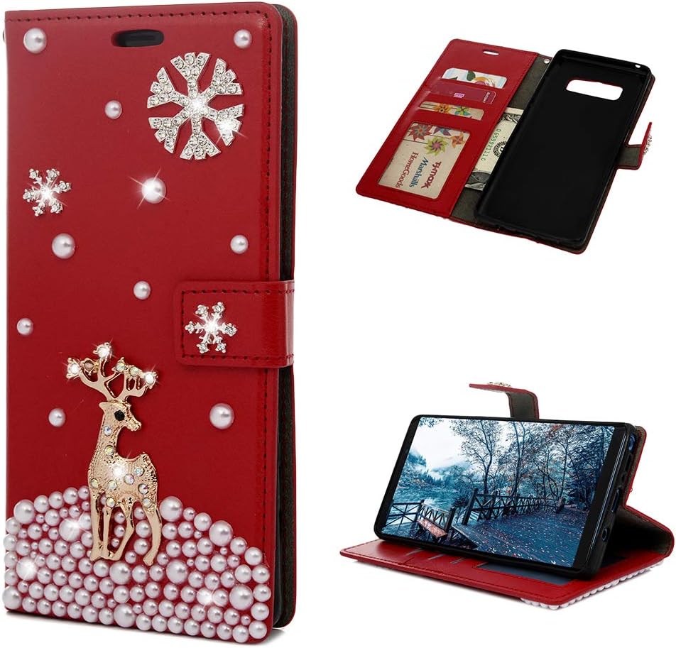 Samsung Galaxy Note 8 Case Christmas Bling Diamond Gems Flip Cover PU Leather Wallet Snowflakes Reindeer Case Silicone Phone Protector with Stand & Card Slots for Samsung Galaxy Note 8 ,Reindeer