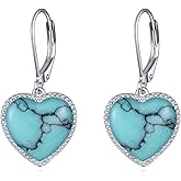 YONFQE Heart Dangle Earrrings Pink/Blue/Purple/White/Moss Agate/Peridot/Turquoise/Birthstone Drusy Crystal Leverback Drop Earrings Jewelry Gift for Women