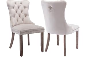 SHENYON Beige Velvet Dining Chairs Set of 2, Upholstered Dining Room Chairs with Back Ring Pull Trim and Solid Wood Legs, Tufted Wingback Kitchen Chairs for Dining Room,Living Room,Kitchen(Beige)