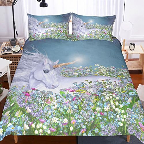 APJJQ Unicorn Bedding Set Twin for Kids,White Unicorn Lying in Floralland with Shinning Corn Micorifber 2 Piece(1 Duvet Cover 1 Pillowcase) Adults Duvet Cover Set for Teens,Boys and Girls