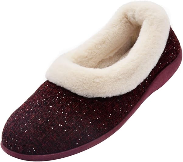 Wishcotton Women’s Knitted Cotton Memory Foam Slippers Fuzzy Collar Fleece Lined