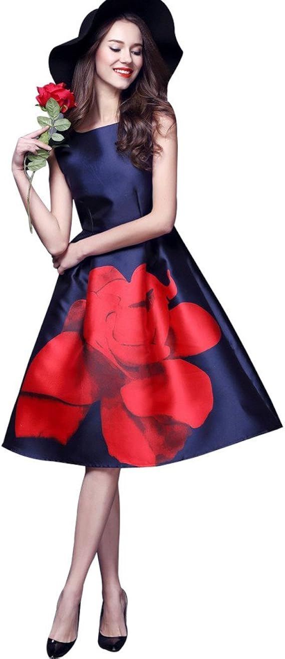 Amazon Co Jp Buenos Ninos レディース ノースリーブワンピース 花プリント ハイウエスト フレアー ドレス 並行輸入品 服 ファッション小物