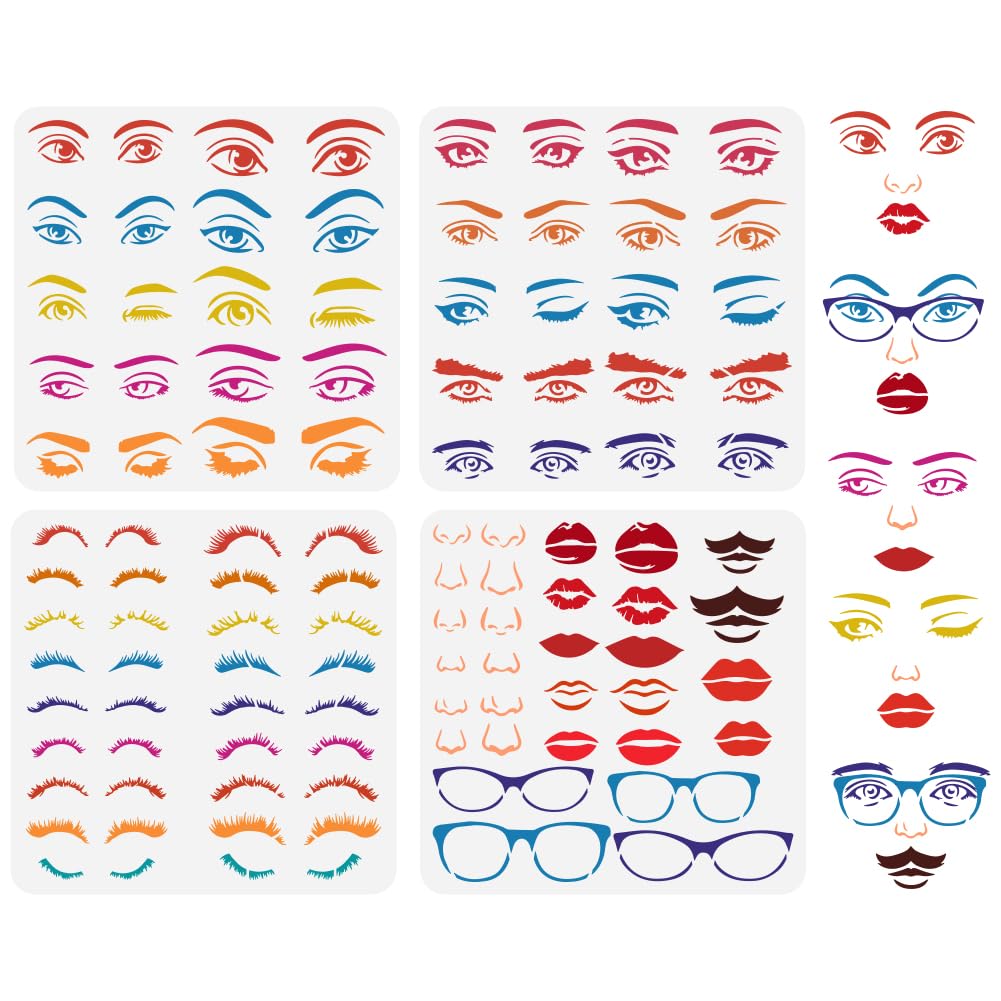 FINGERINSPIRE 4PCS Combination Facial Features Painting Stencil 30x30cm Reusable Eyes Nose Eyebrows Lips Moustache Drawing Template Eyeglass Stencil for Painting on Wood Wall Fabric Furniture