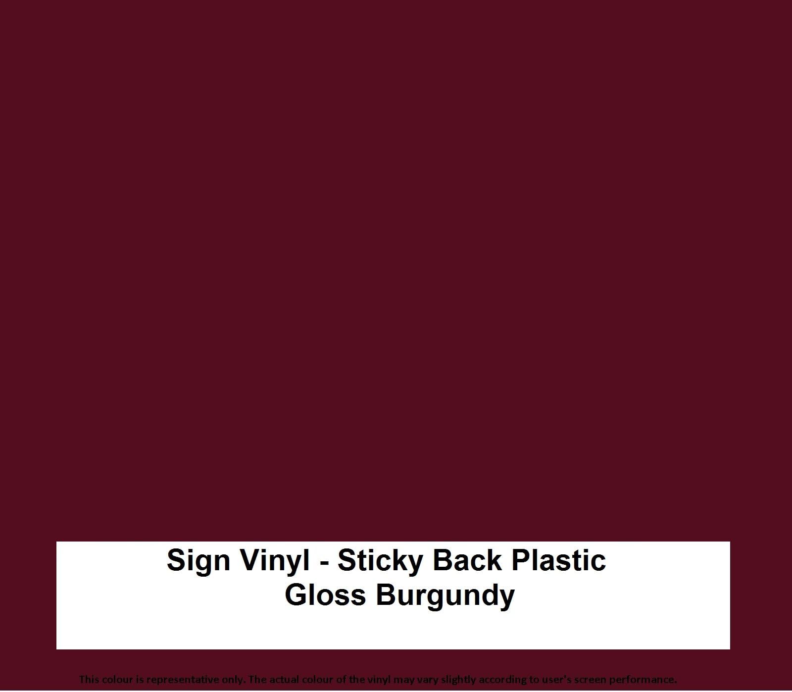 5 Metre x 610MM Roll of Gloss Burgundy Sticky Back Plastic Self Adhesive Vinyl Sign Making Quality. This Product is Available in 33 Colours Gloss or MATT Finish. Like Fablon. Suit Wall Art