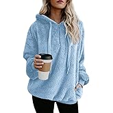 ReachMe Womens Oversized Sherpa Pullover Hoodie with Pockets Fuzzy Fleece Sweatshirt Plaid Fluffy Jacket Coat