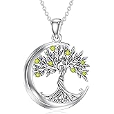 LONAGO Tree of Life Necklace 925 Sterling Silver Family Tree Moon Pendant Abalone/Black Onyx/Peridot Jewelry Mothers Day Birthday Gifts for Women Men