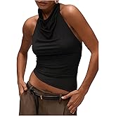Milumia Women's High Neck Draped Tops Open Back Asymmetrical Hem Halter Crop Tank Top