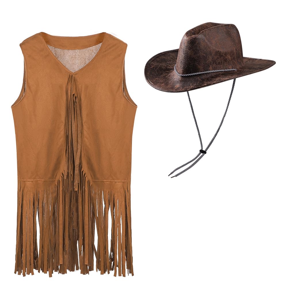 IBLUELOVER Western Cowgirl Costume Women Cowboy Hat Sleeveless Fringe Vest Retro 70s Hippie Outfits Fancy Dress Set for Hippie Disco Party Halloween Party Carnival Cosplay