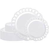 COLOSUS 60pcs White Plastic Plates Set,Fany White Baroque Plates for 30 guest.Elegant Lace Rim Design Disposable Plate include 30 Dinner plates and 30 Dessert plates for Party,Halloween,New Year