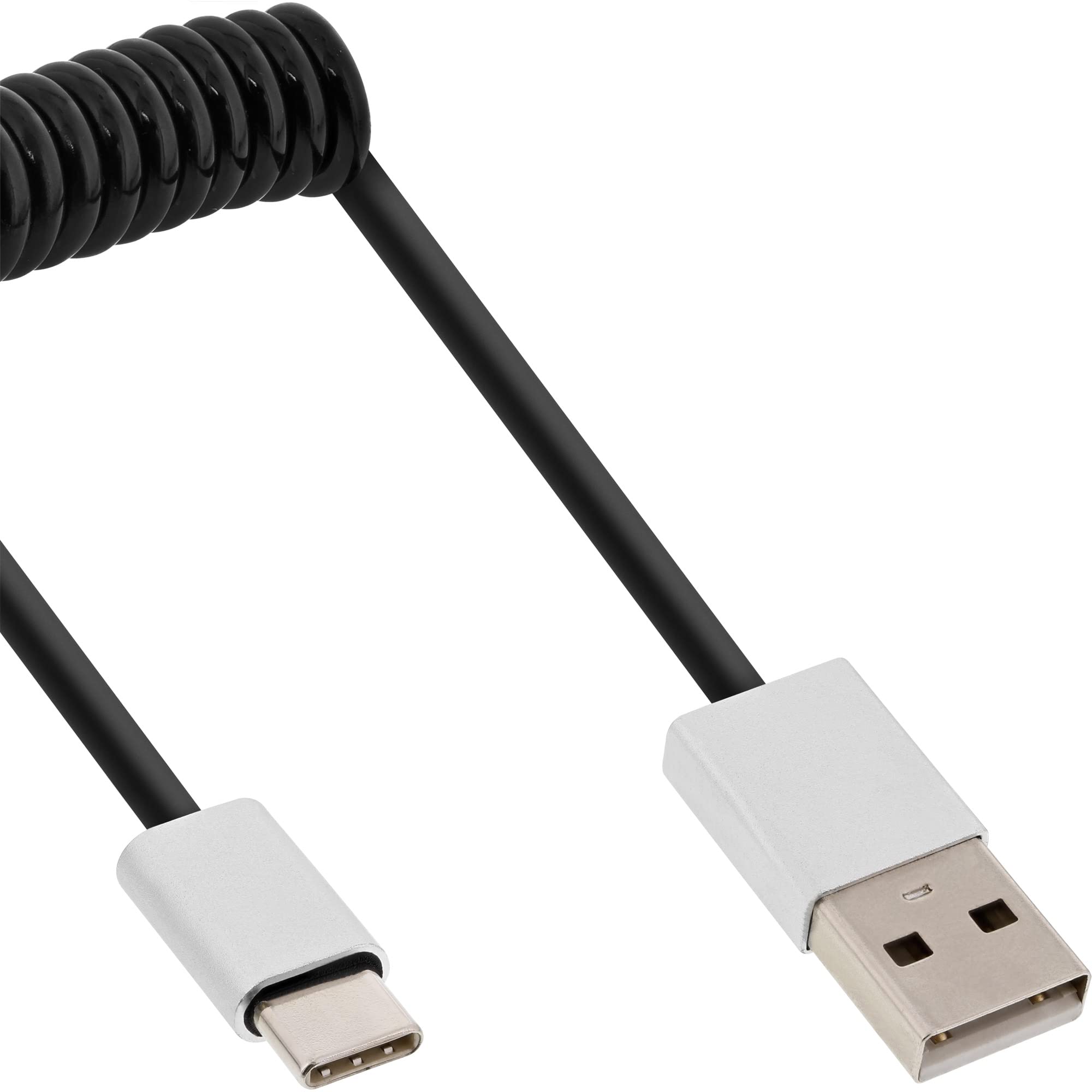 InLine 35876 USB 2.0 Coiled Cable, USB Type C Male to A Male, Black/Aluminium, Flexible, 0.5 m
