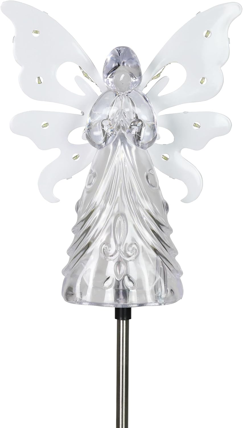 Decorative Garden Stakes - Exhart Garden Solar Lights, Decorative Angel Garden Stake, 13 LEDs, Cute Yard and Pathway Decor, White, 7 x 40 Inch