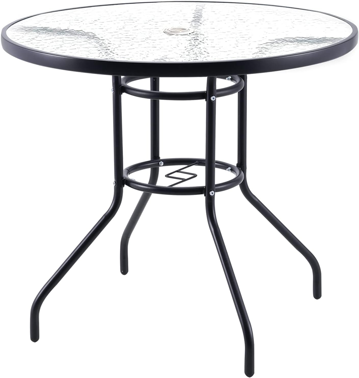 Outdoor Patio Table, 32'' Round Bistro Table with Tempered Glass Table Top and Umbrella Hole Steel Frame Outdoor Furniture Party Conversation Coffee Table for Garden Backyard Balcony Lawn: Kitchen & Dining