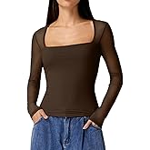 QINSEN Womens Square Neck Long Sleeve Mesh Sheer Top Double Lined Going Out Basic Shirt
