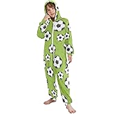 VIGTRO Onesie Jumpsuits Pajamas One-Piece Sleepwear Soccer Balls Bright Green Background Printed, Zip Up Hooded Pajamas with Pockets Size 13-14Y