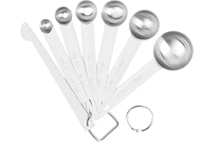 Sieqioor Durable Stainless Steel Metal Measuring Spoons Set for Dry or Liquid, Small Tablespoon, Teaspoons, Set of 7 Including Leveler, Etched Markings and Removable Clasp, Fits in Spice Jar
