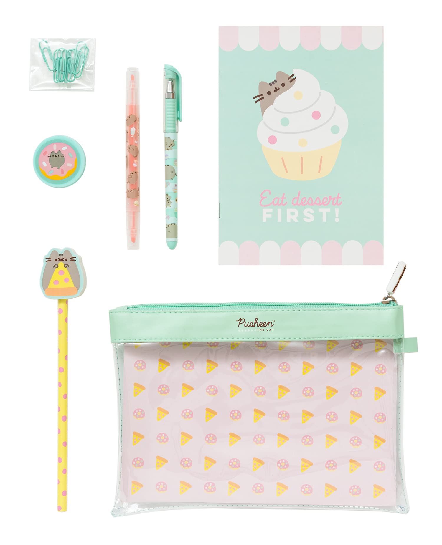 Grupo Erik Pusheen Stationery Set - Pusheen Gifts for Cat Lovers | Pencil Case with Pen, Highlighter, Pencil with Eraser Topper, Paper Clips, Sharpener, Notebook | Cat Stationery Gifts