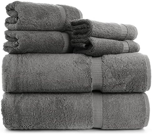 Indulge Towels 6-pieces Dobby Border Natural Turkish Cotton Towel Set (2 bath towels, 2 hand towels and 2 wash clothes) (6, Gray)