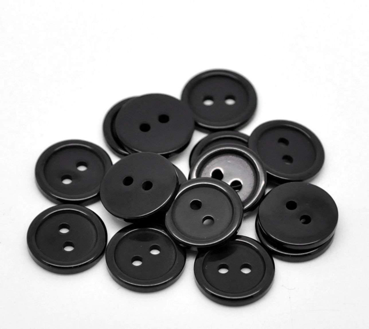200 x Black Round Ridge 15mm Resin Buttons with 2 Sewing Holes. for Clothes Kniting and General Arts and Crafts. (Black, 15mm) — image 1