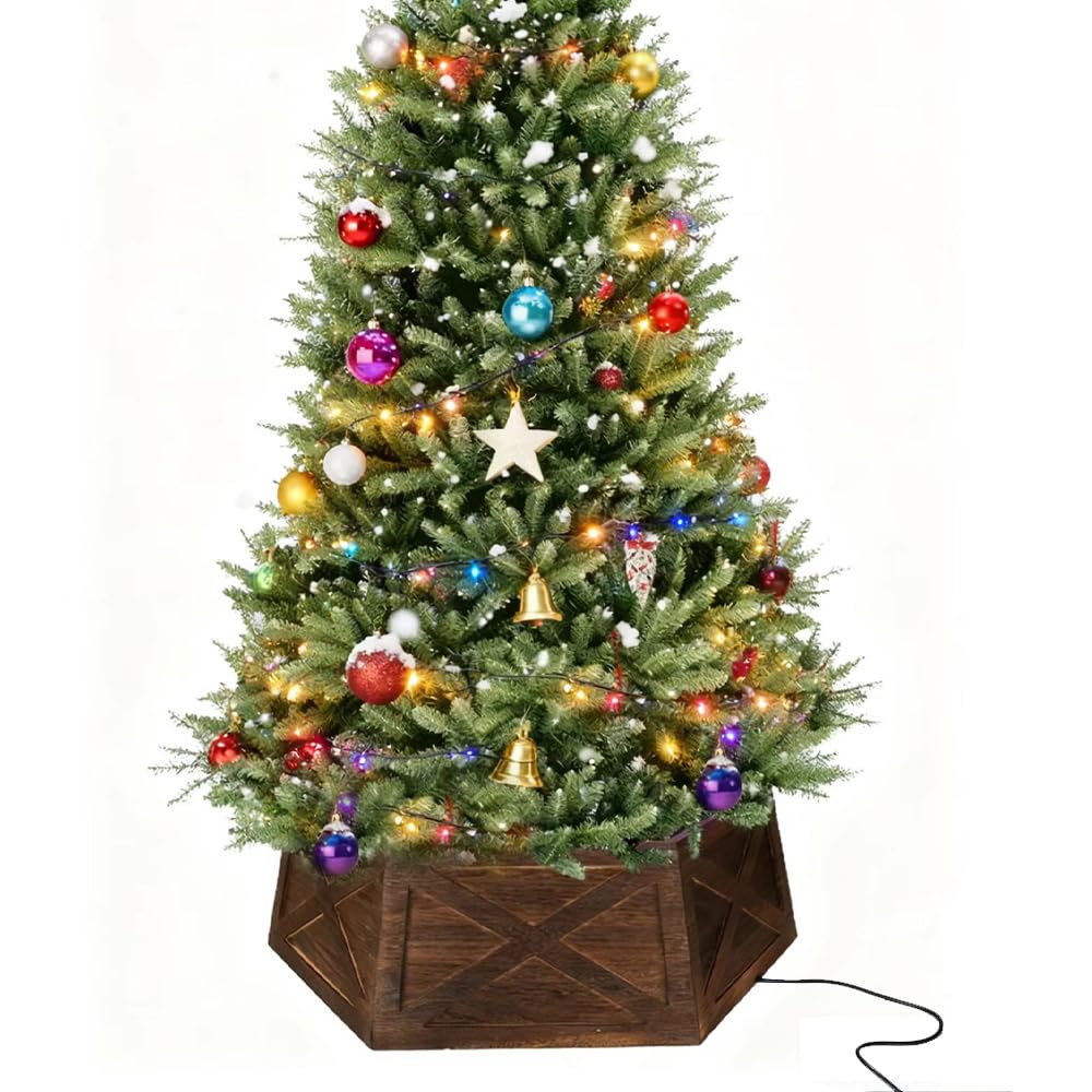 Photo 1 of [2025 New] Natural Wood Christmas Tree Collar Stand for Real Trees up to 7.5ft, Durable Tree Base Cover with Easy Installation, Home Holiday Christmas Decoration (Dark Brown, D-27 Inch)