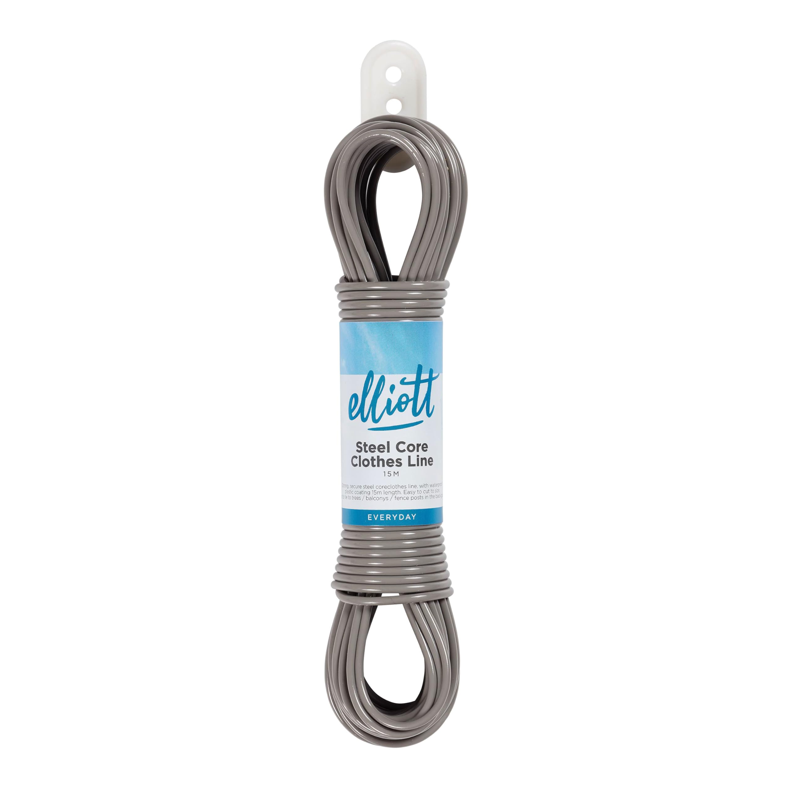 Elliott Steel Core Clothesline, 15 Meters, Extra Strong, PVC Coated Weather and Rust resistant Washing Line. Laundry Essential for outdoor use, laundry rooms and camping,White/Grey