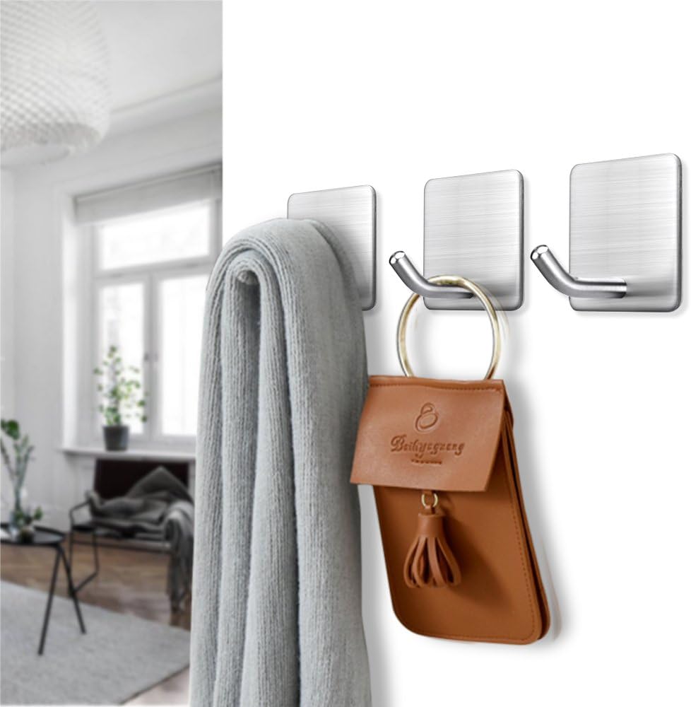 FOTYRIG Adhesive Hooks Heavy Duty Hooks Wall Hangers Waterproof Stainless Steel Towel Hanger Holder Stcik on Hooks for Hanging Kitchen Bathroom Home-4 Packs: Home & Kitchen