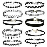 Areke Womens Velvet Choker Necklaces,Gothic Tassel Lace Tattoo Necklace for Girls Set of 8 - 12 Pcs Style 10 Pcs