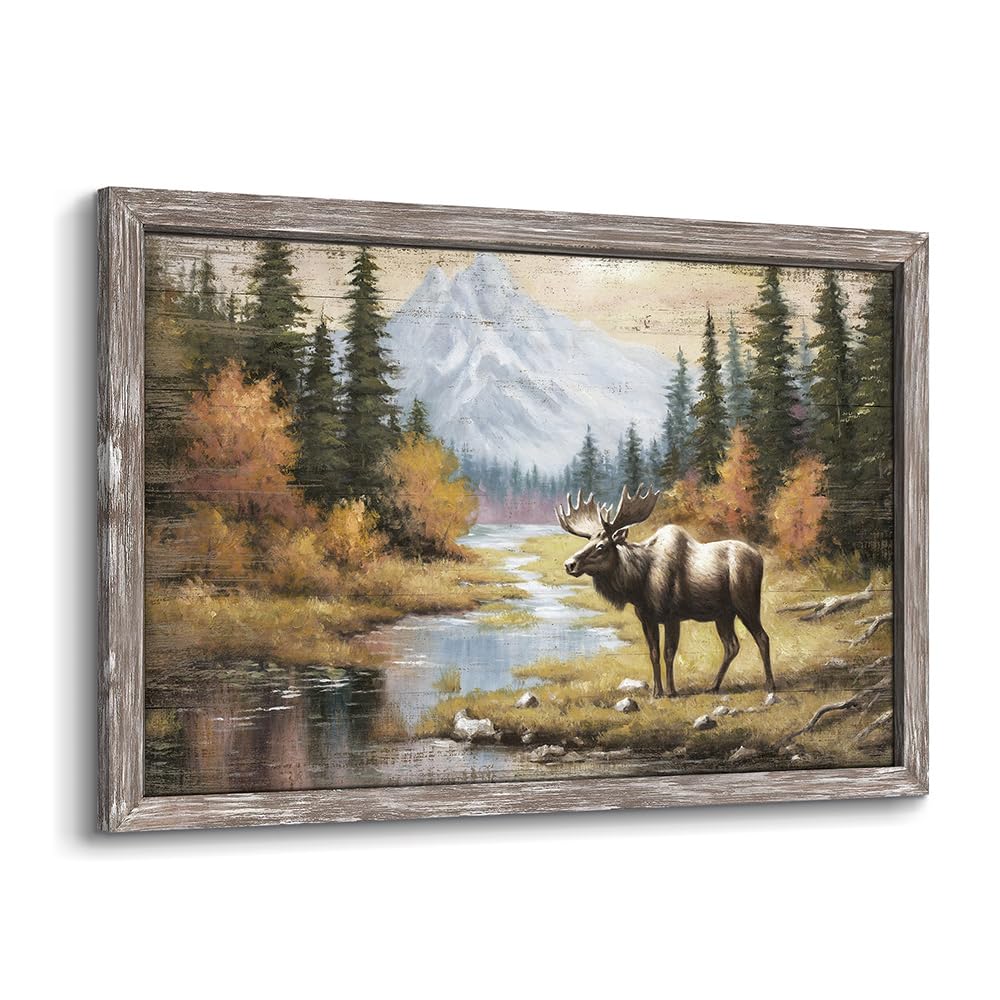 Photo 1 of Wildlife Painting Framed Wall Art: Majestic Moose in Forest Picture Rustic Wild Animal Artwork Elk Deer Prints for Living Room Farmhouse Bedroom