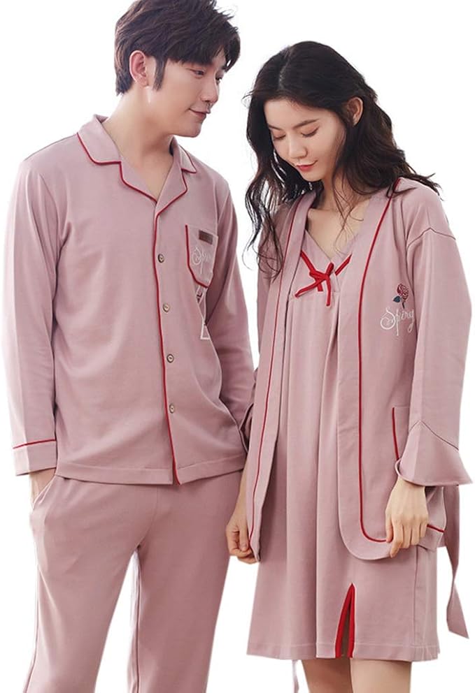 Amazon Wxik パジャマ ペア レディース メンズ 秋 長袖 レディースパジャマ ワンピース バスローブ メンズパジャマ 上下セット 前開き 快適 柔らかい 通気吸湿 睡眠科学 ネグリジェ ルームウェア 便利服 部屋着 新婚 恋人 ピンク m Xxxl パジャマ ルームウェア