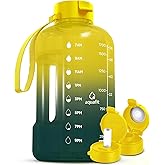 AQUAFIT 64 oz Water Bottle with Time Marker - Straw & Chug Lid - BPA Free Half Gallon Gym Water Bottle with Handle - Big Gallon Jug (Forest Fade, 64 Ounces)