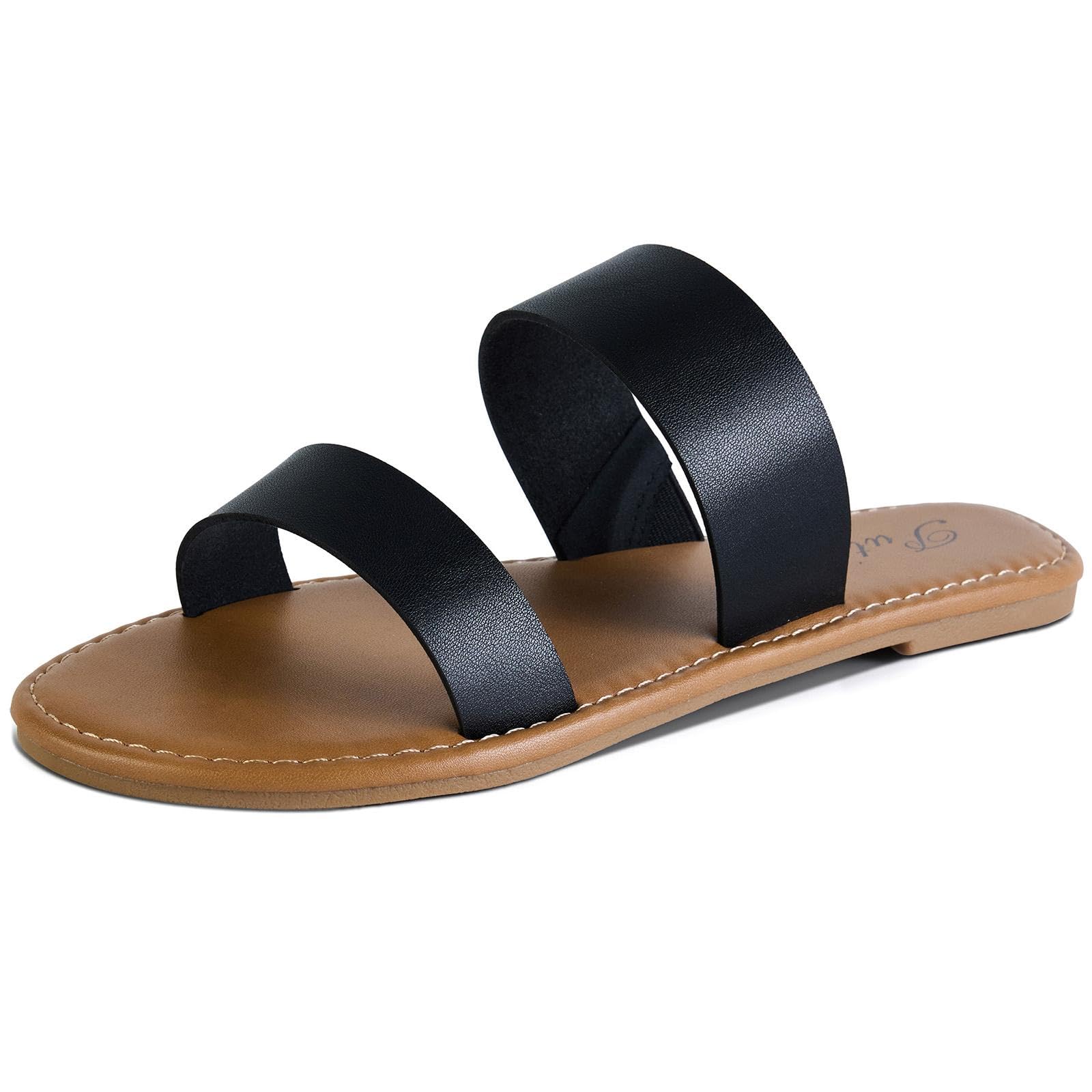 Photo 1 of Putu Women's Two Strap Flat Sandals Casual Slide Sandals for Wide Feet Black Size 11